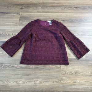 Soft Surroundings Crochet Lace Bell Sleeve Blouse Large Burgundy Holiday Top NEW